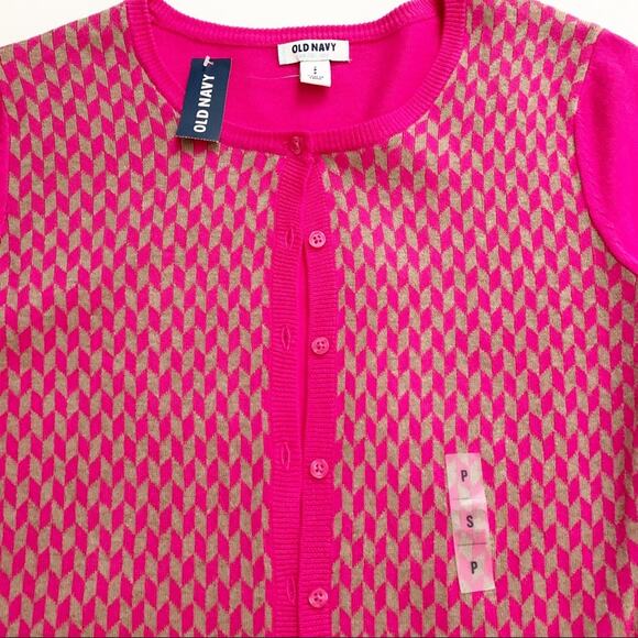 Old Navy Cardigan Sweater Fuchsia Tan Geo Print Crew Neck Button Front Small NEW - Picture 12 of 16